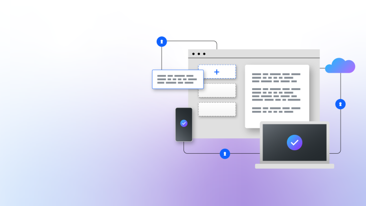 Auf einem Interface werden Module per Drag-and-Drop eingesetzt. Das Fenster ist mit einer Cloud, einem Laptop und einem Smartphone vernetzt.