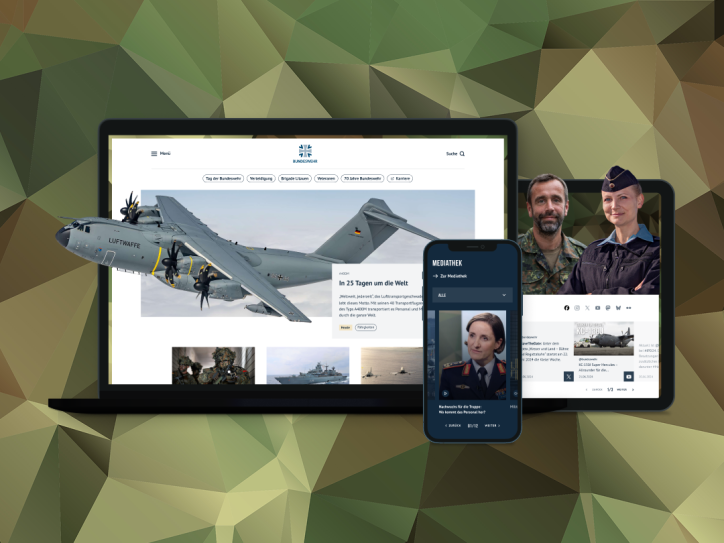 Ansichten der neugestalteten Bundeswehr-Seiten auf einem Laptop, Smartphone und Tablet.