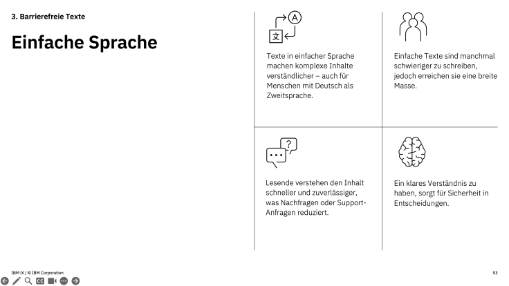 Vier Vorteile von Einfacher Sprache: Komplexe Inhalte werden verständlicher, erreichen eine breite Masse, lösen weniger Rückfragen aus und ermöglichen schnellere Entscheidungen.
