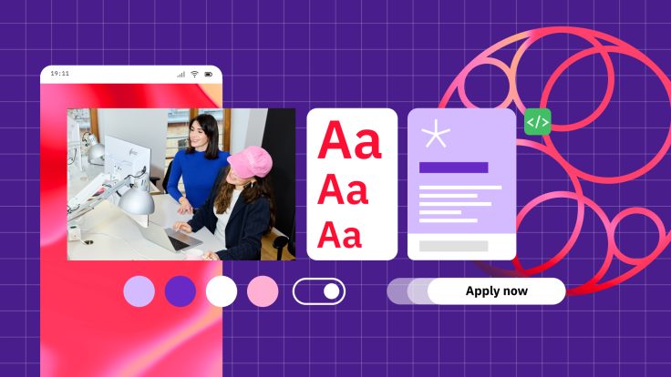 Illustration eines mobilen UI-/UX-Designprozesses auf violettem Rasterhintergrund: Ein Smartphone-Mockup mit pink-rotem Farbverlauf zeigt zwei Personen bei der Arbeit am Computer. Daneben befinden sich Elemente einer Benutzeroberfläche wie Typografie-Beispiele („Aa“), ein Kartenlayout, Farbauswahl-Punkte, ein Umschalter sowie ein „Apply now“-Button. Im Hintergrund sind abstrakte pinke Kreisformen und ein grünes Code-Symbol zu sehen.