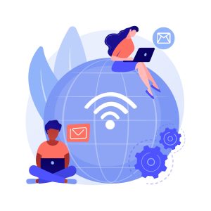 Zwei Menschen befinden sich rund um eine Weltkugel mit W-Lan-Symbol. Sie sitzen an ihren Laptops und senden einander E-Mails.