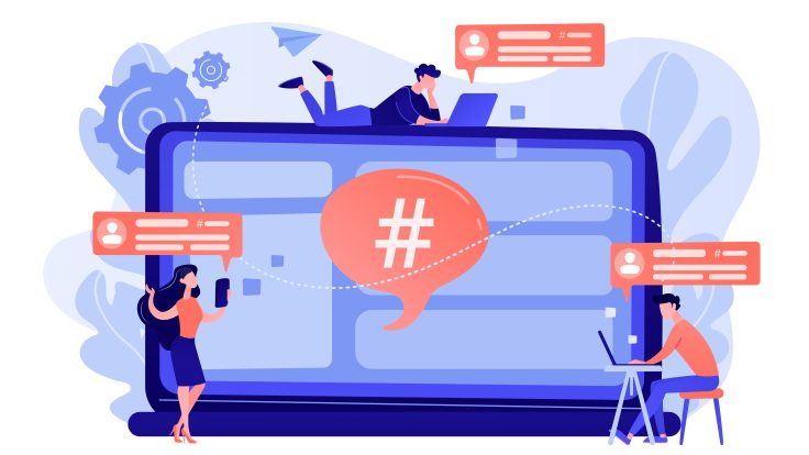 Ein Laptop mit aufgeklappten Social-Media-Nachrichten. In der Mitte steht ein Hashtag in einer Sprechblase. Um den Laptop herum sind verschiedene kleine Menschen gezeichnet.