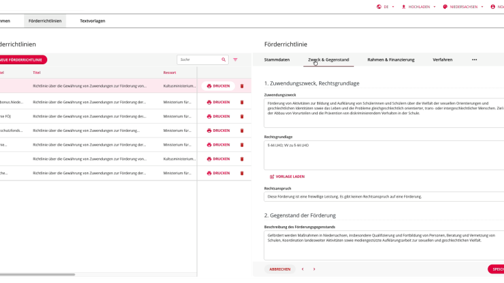 Screenshot einer Plattform für Förderrichtlinien
